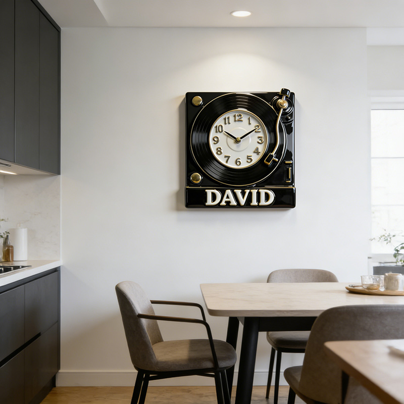Personalized Vinyl Record Player Themed Wall Clock Unique Custom Name Gift for Music Lovers for Home and Music Studio