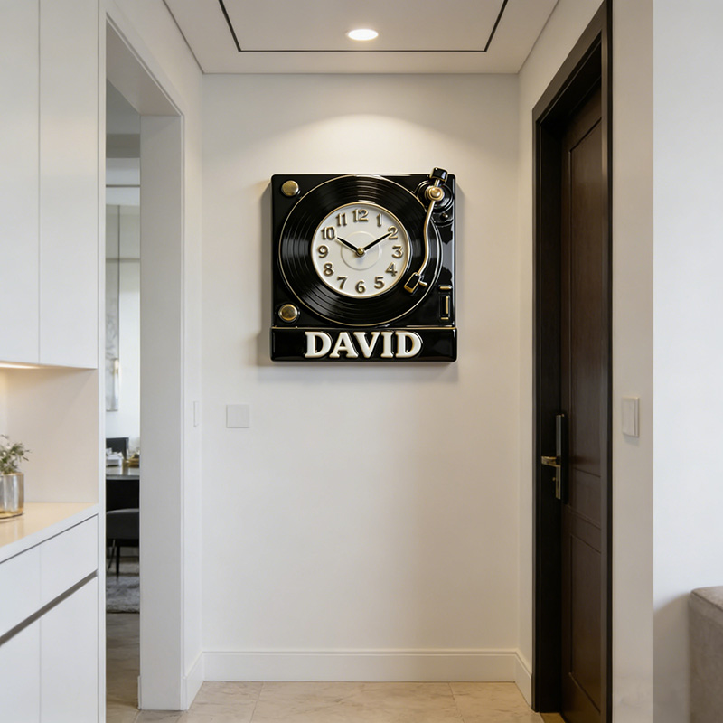 Personalized Vinyl Record Player Themed Wall Clock Unique Custom Name Gift for Music Lovers for Home and Music Studio