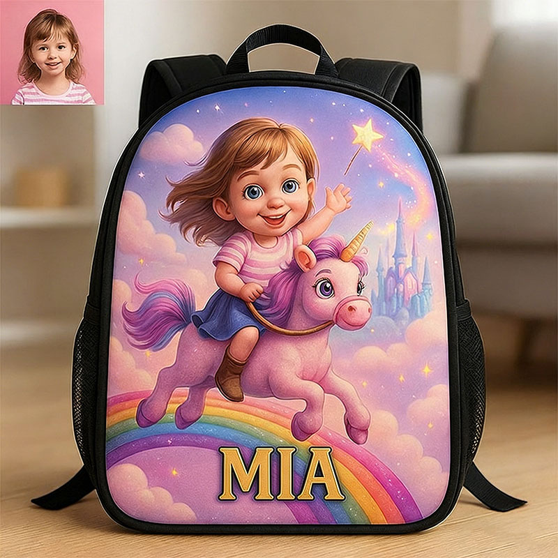 Personalized Magic Rainbow Girl Cartoon-Themed Schoolbag Custom Photo and Name for Kids Magic Lovers Birthday Black to School Christmas Gift