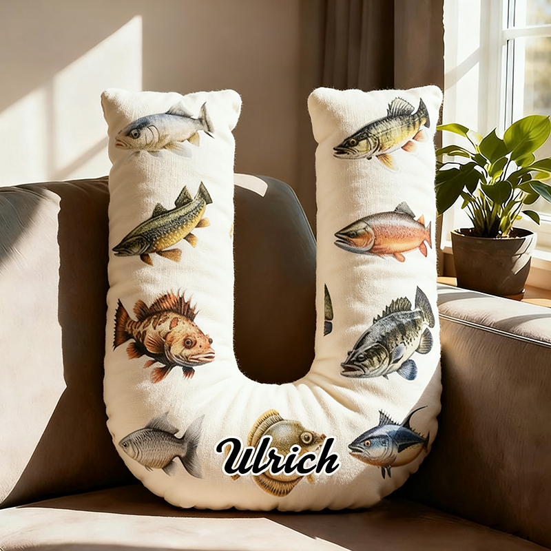Personalized Fishing Letter Pillow Funny Fishing Pillow Custom Name Cushion with Realistic Fish Prints Graphic 3D Print Soft and Unique Gift for Fishing Enthusiasts and Home Decor