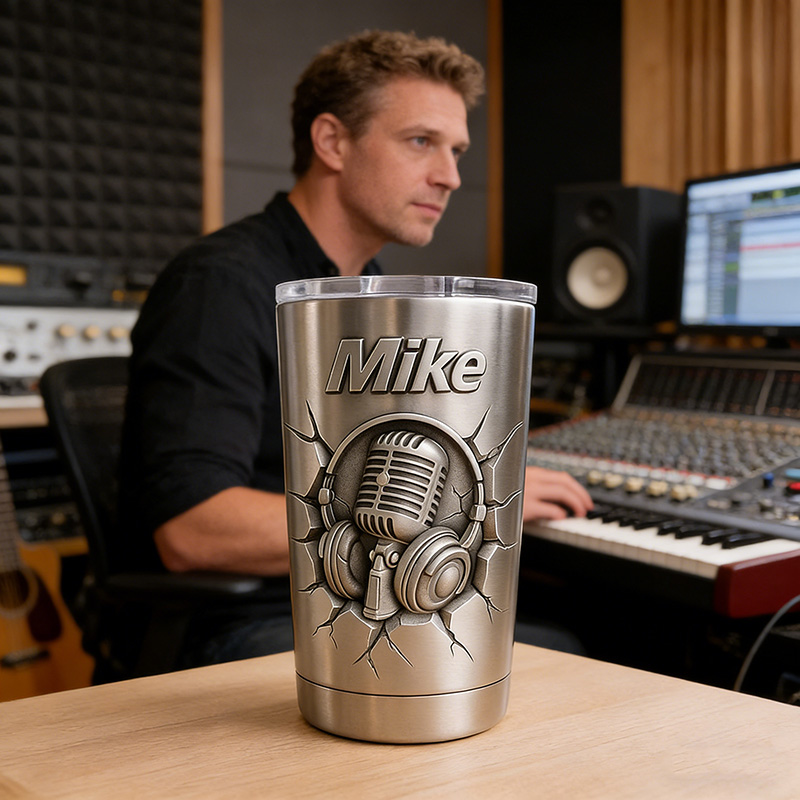 Personalized Headphones Microphones Stainless Steel Tumbler Custom Name Gift for Singer Music Lovers for Performances Birthdays Holiday Parties