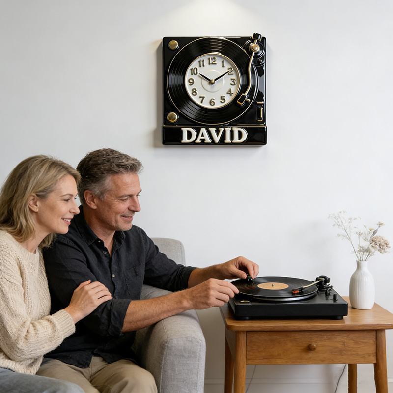 Personalized Vinyl Record Player Themed Wall Clock Unique Custom Name Gift for Music Lovers for Home and Music Studio