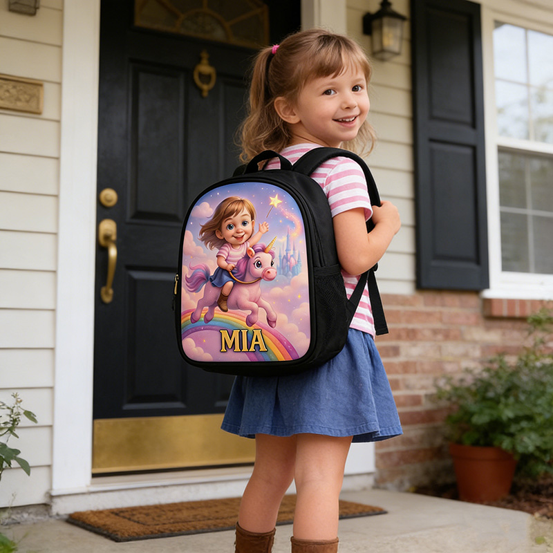 Personalized Magic Rainbow Girl Cartoon-Themed Schoolbag Custom Photo and Name for Kids Magic Lovers Birthday Black to School Christmas Gift
