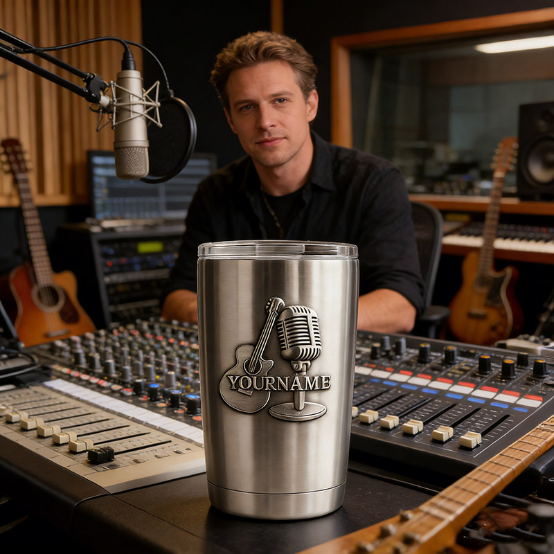 Personalized Guitar Microphones Stainless Steel Tumbler Custom Name Gift for Singer Guitarist Music Lovers for Performances Birthdays Holiday Parties