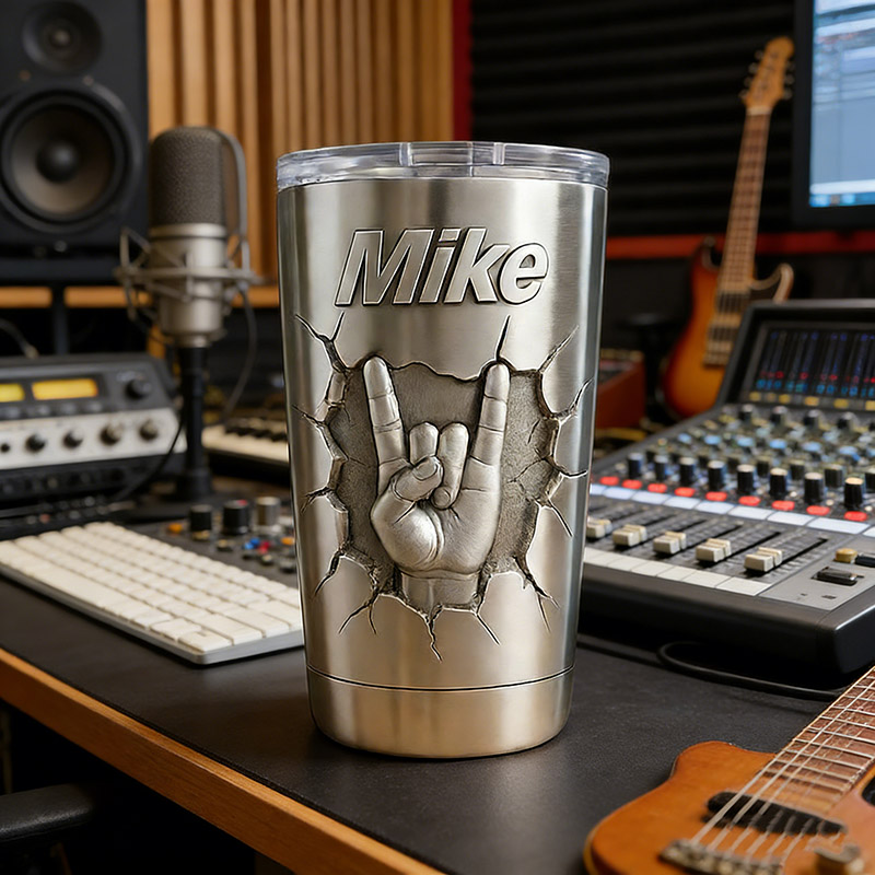 Personalized Rock Gesture Stainless Steel Tumbler Custom Name Gift for Guitarist Drummer Bassist Band Members Music Lovers for Performances Birthdays Holiday Parties