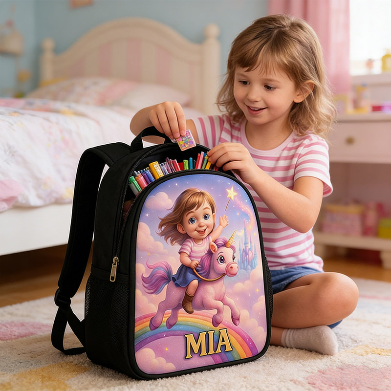 Personalized Magic Rainbow Girl Cartoon-Themed Schoolbag Custom Photo and Name for Kids Magic Lovers Birthday Black to School Christmas Gift