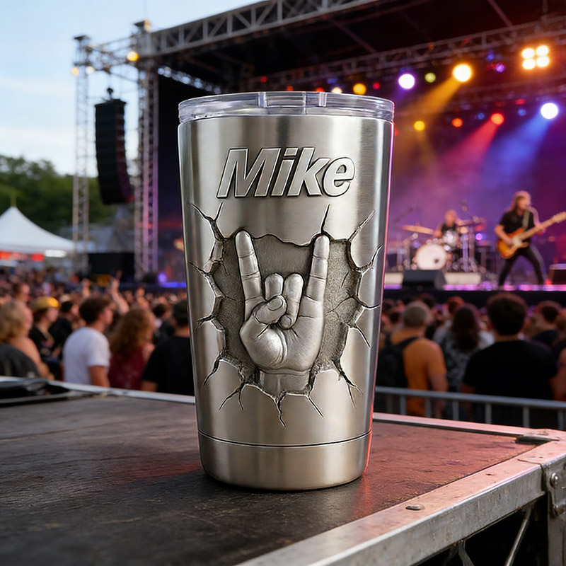 Personalized Rock Gesture Stainless Steel Tumbler Custom Name Gift for Guitarist Drummer Bassist Band Members Music Lovers for Performances Birthdays Holiday Parties