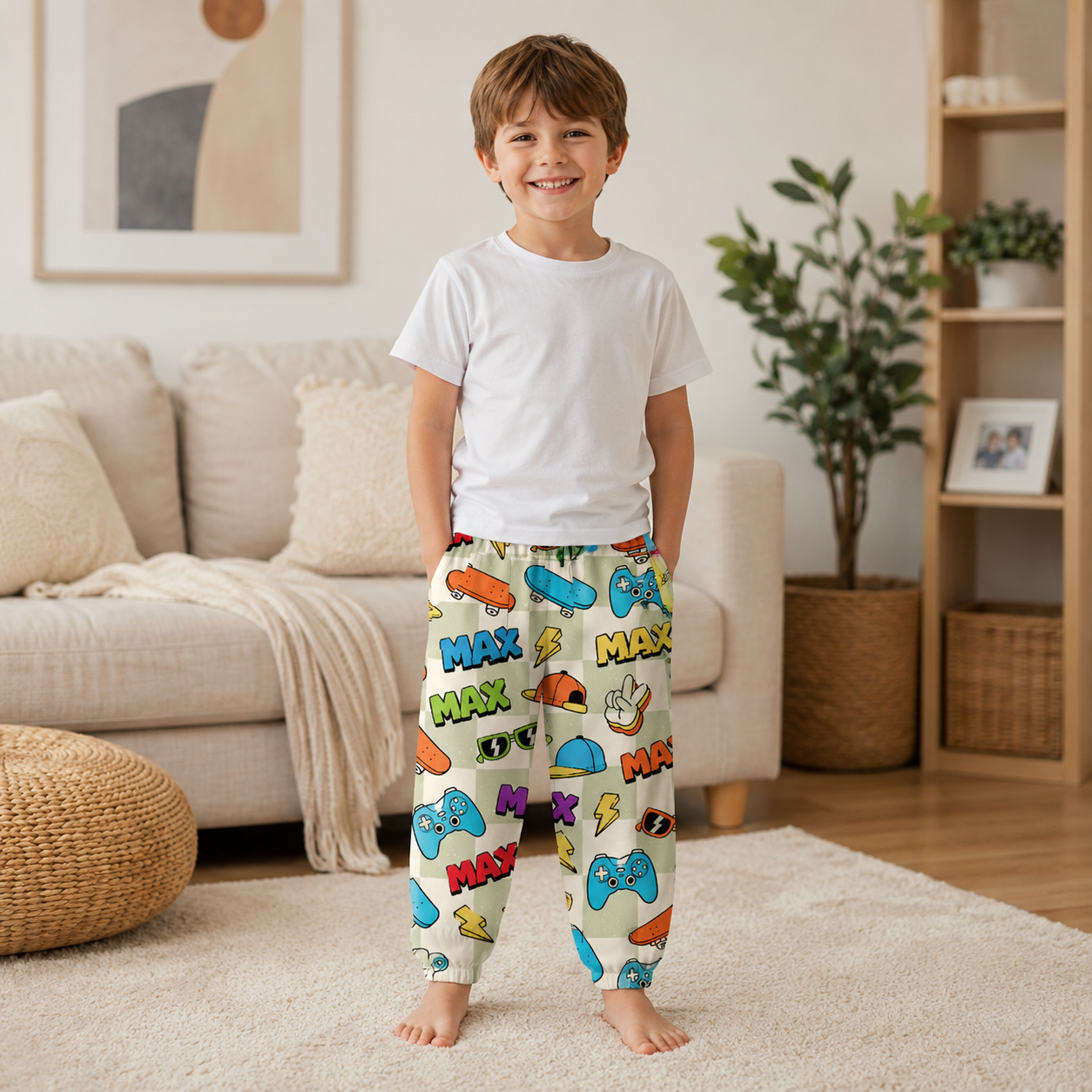 Personalized Colorful Cartoon Cars Trucks Vehicles Boys Elastic Waist Toddler Kids Casual Play Sweatpants Design