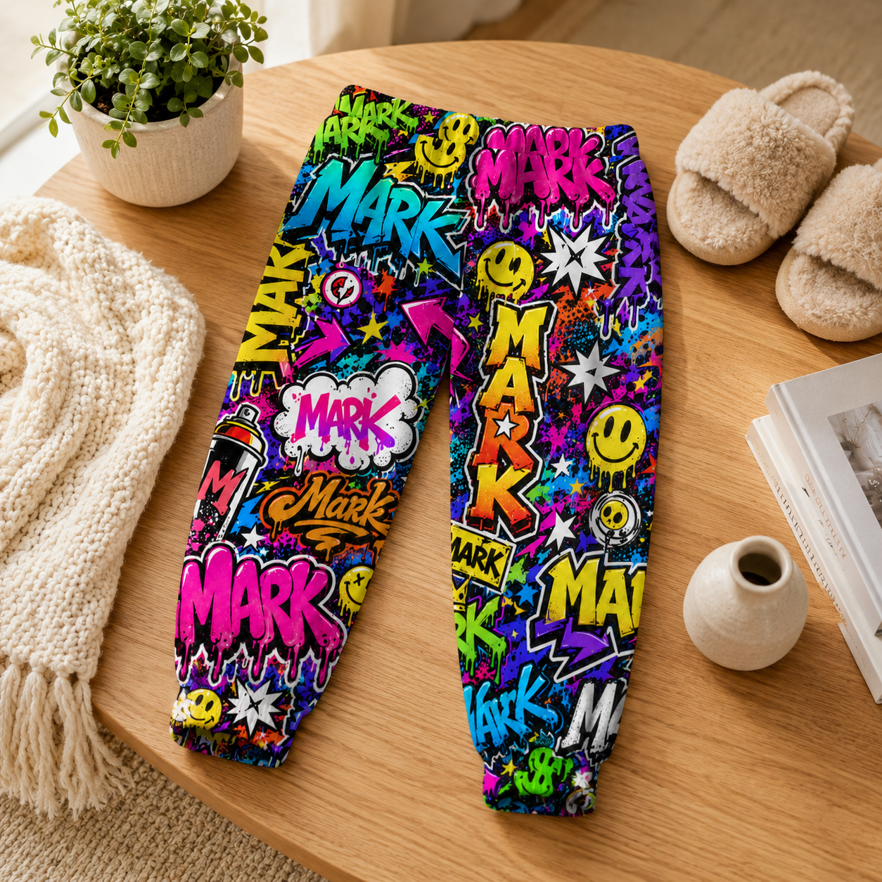 Personalized Custom Name Colorful Graffiti Street Art Neon Smile Pattern Boys Elastic Waist Kids Jogger Sweatpants Design