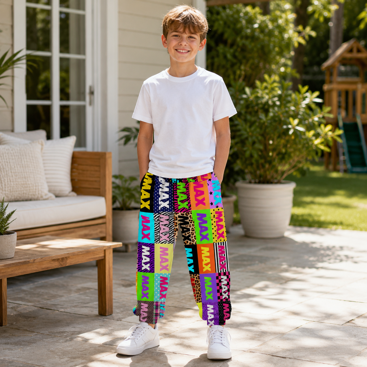 Personalized Colorful Block Letter Name Print Neon Squares Boys Girls Elastic Waist Kids Jogger Sweatpants Design