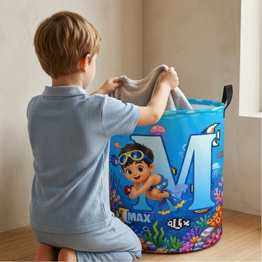 Personalized Kid Initial Laundry Basket Ocean Underwater Scuba Diver Kids Room Storage Bin Toy Clothes Organizer For Nursery Bedroom