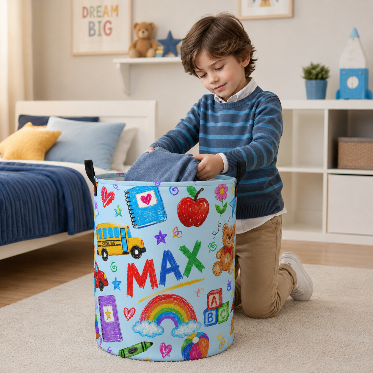 Personalized Back To School Laundry Basket Kids Room Storage Bin Colorful Crayons Bus Rainbow Books Name Toy Organizer For Bedroom