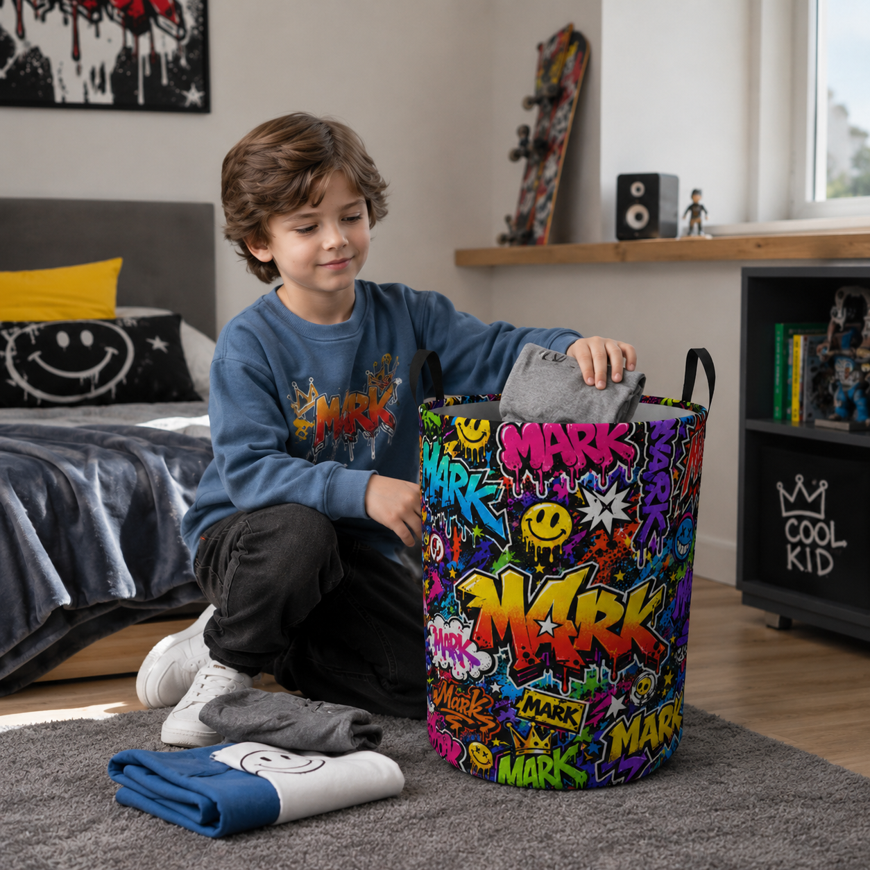 Personalized Graffiti Name Laundry Basket Teen Room Storage Bin Colorful Street Art Smiley Cool Kid Clothes Toy Organizer