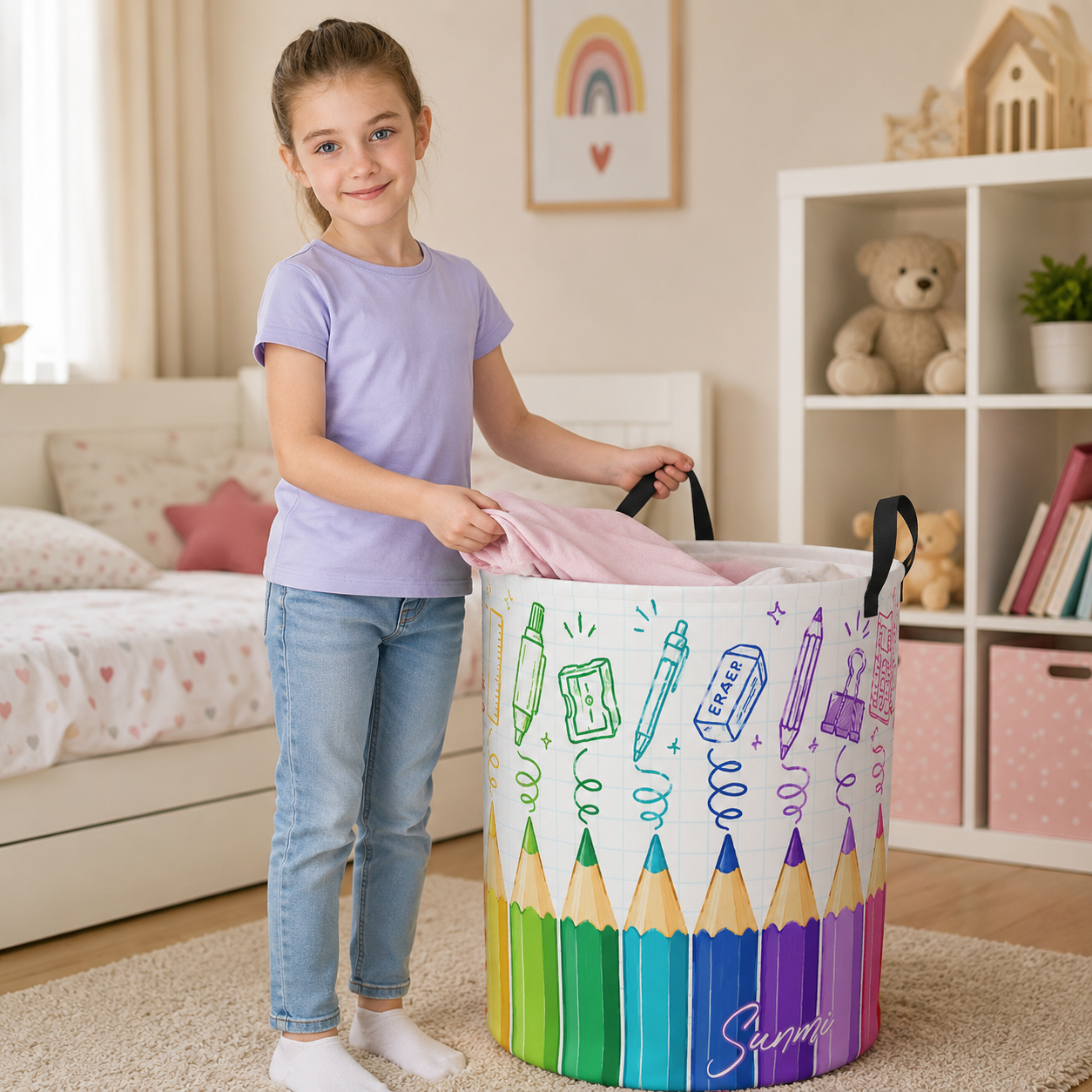 Personalized Rainbow Pencil Laundry Basket Kids Room Storage Bin Colorful Crayon School Supplies Name Toy Clothes Organizer