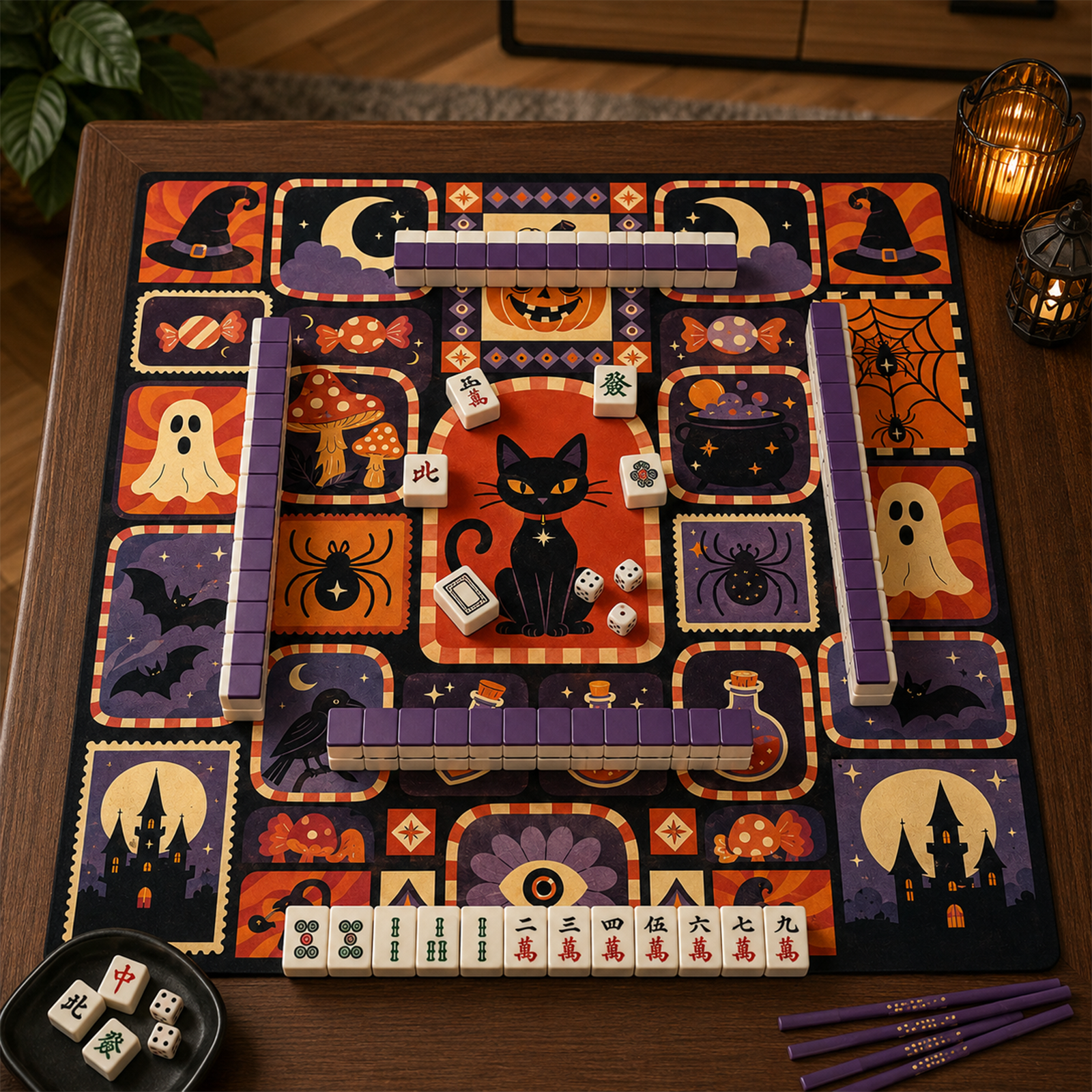 Retro Halloween Patchwork Mahjong Mat Vintage Black Cat & Spooky Icon Grid Design Square Game Table Pad for Mahjong & Cards