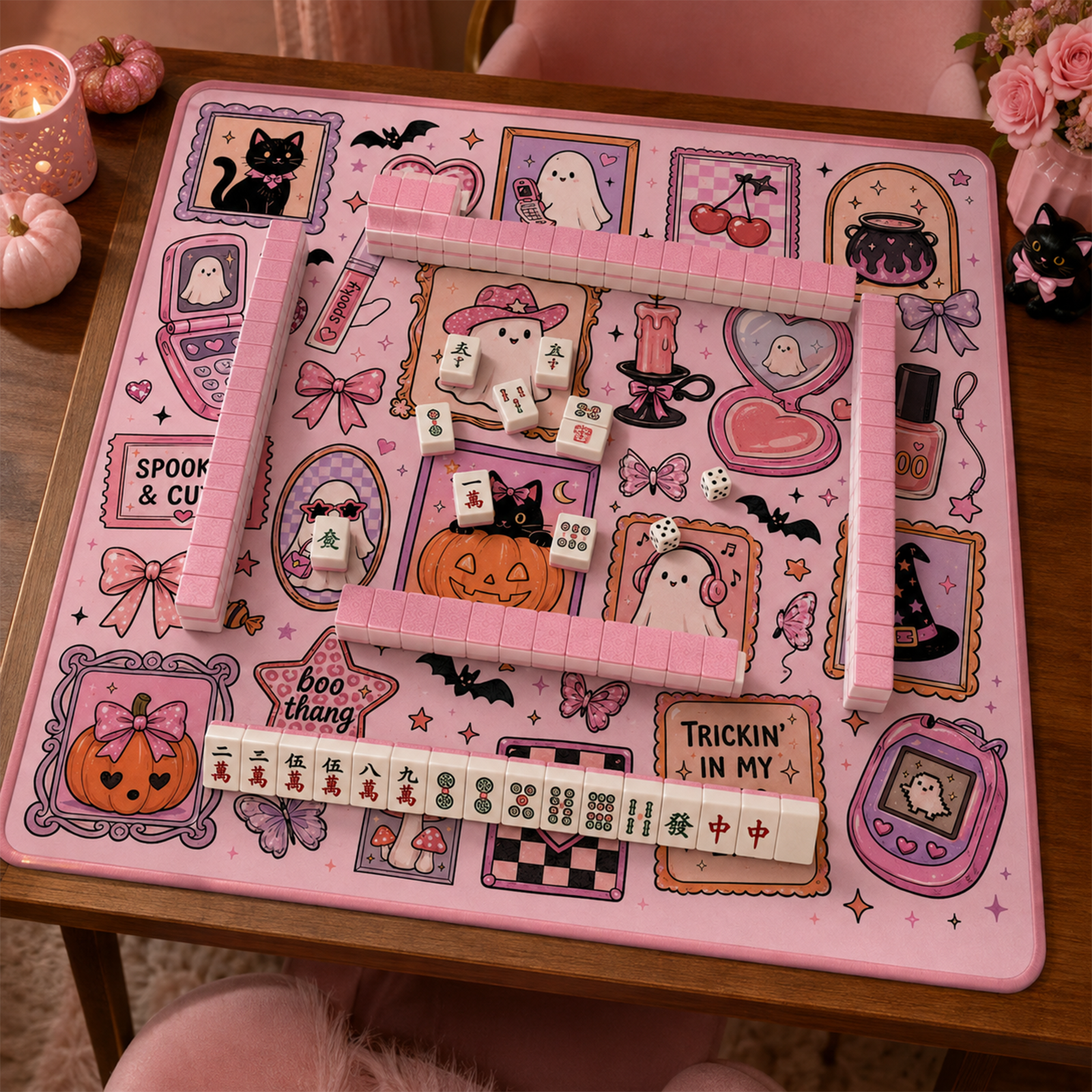 Pink Y2K Halloween Mahjong Mat Spooky & Cute" 2000s Retro Ghost & Black Cat Sticker Collage Square Game Table Pad