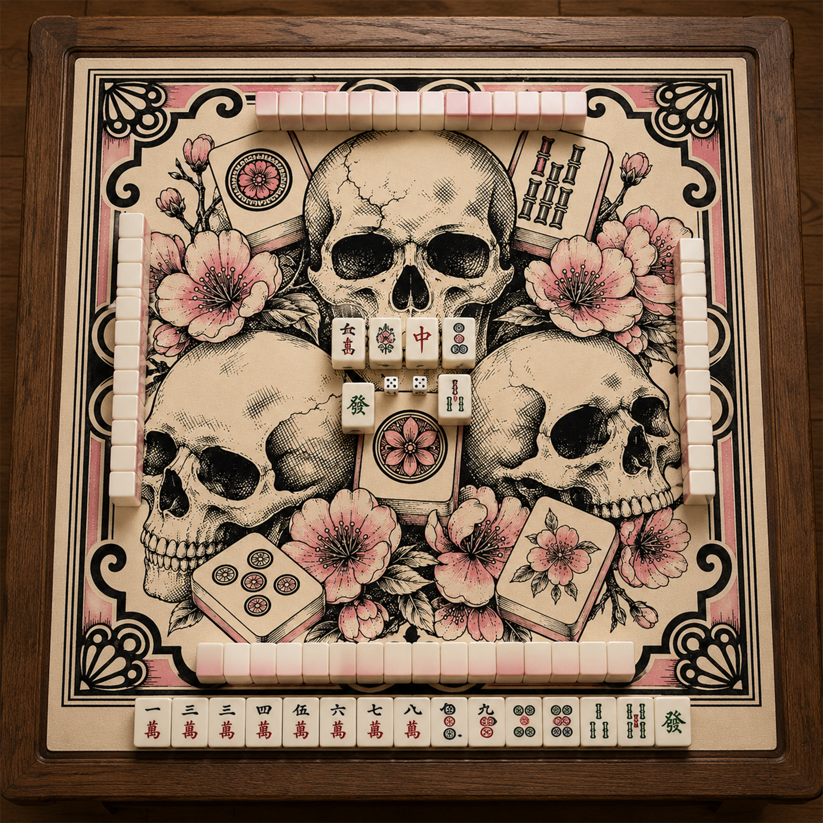 Skull & Mahjong Tile Mahjong Mat Gothic Engraving Style with Cherry Blossoms Dark Floral Square Game Table Pad