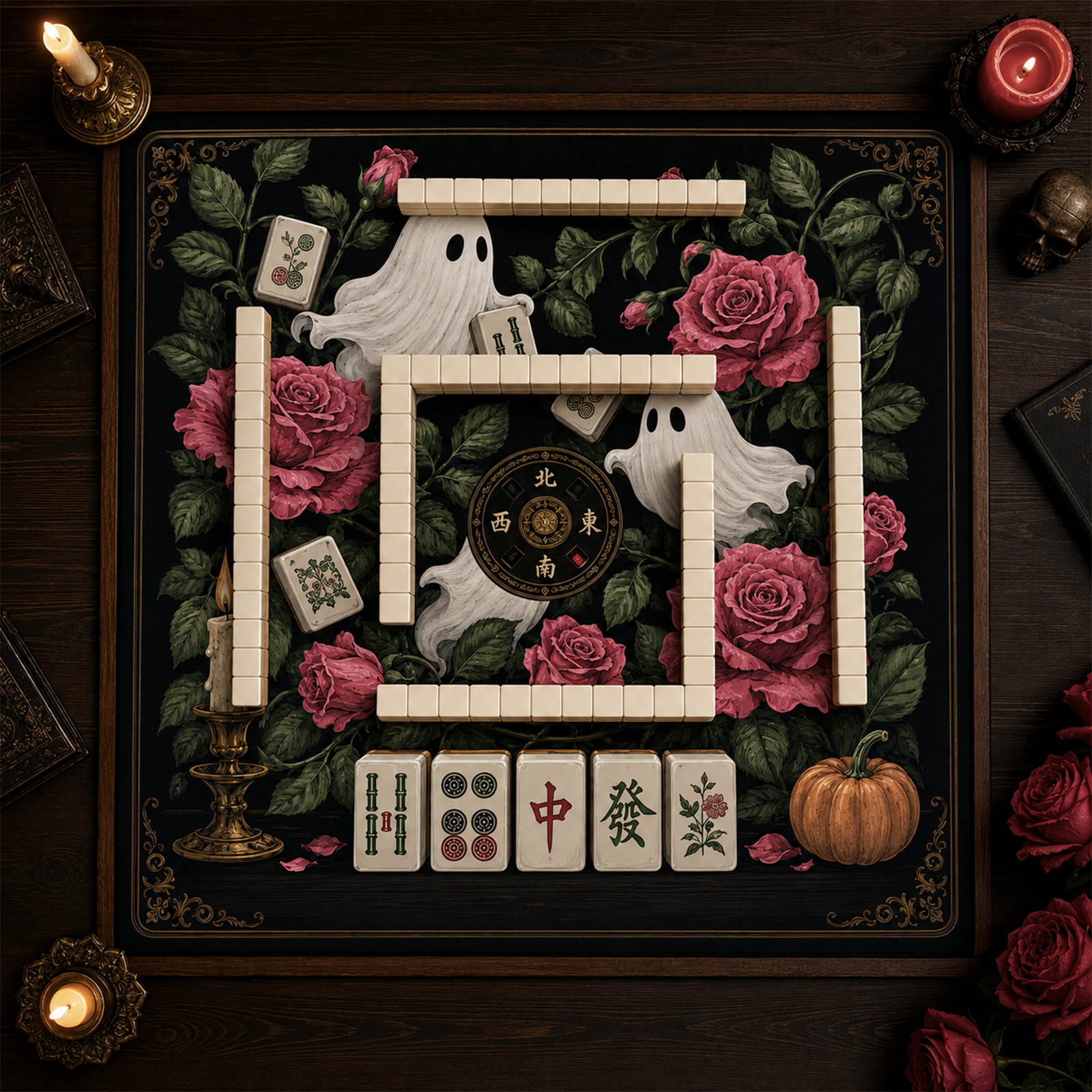 Gothic Ghost & Roses Mahjong Mat Dark Floral Halloween Design with Mahjong Tiles & Spirits Square Game Table Pad
