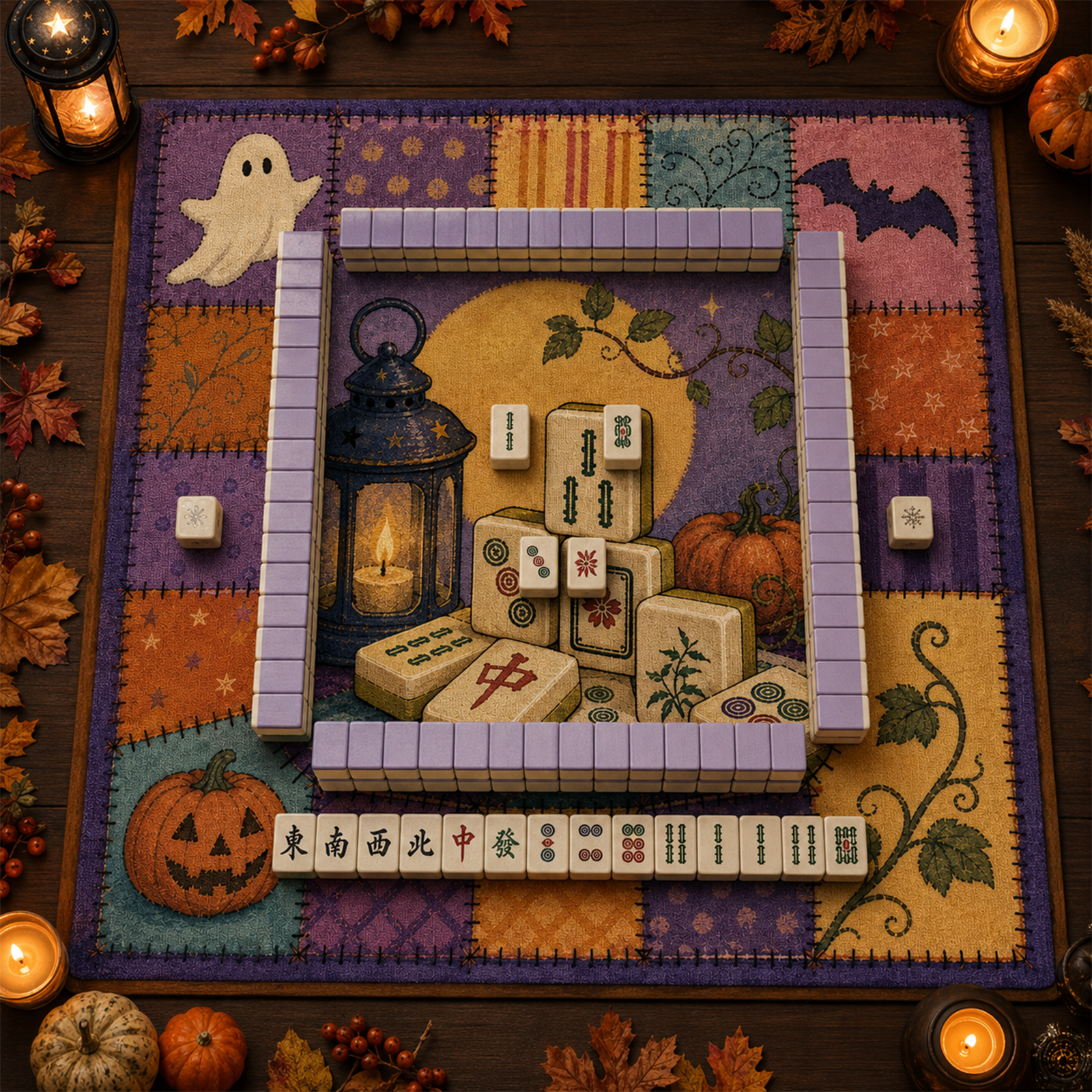 Halloween Patchwork Quilt Mahjong Mat Cozy Folk Art Design with Mahjong Tiles Lantern & Moonlight Square Game Table Pad