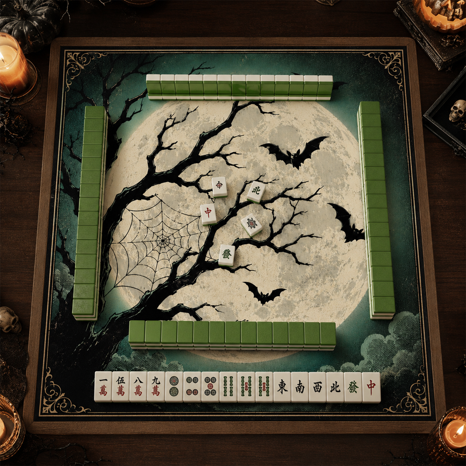 Full Moon & Bats Mahjong Mat Vintage Gothic Halloween Night Design with Dead Tree & Spiderweb Dark Art Square Game Table Pad