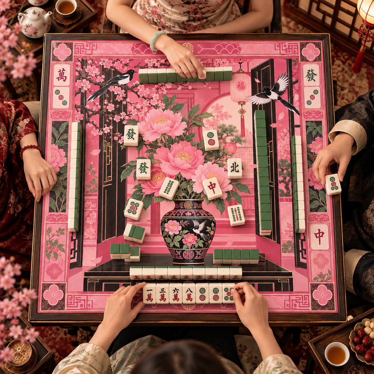 Pink Peony Mahjong Mat Oriental Blossom Edition