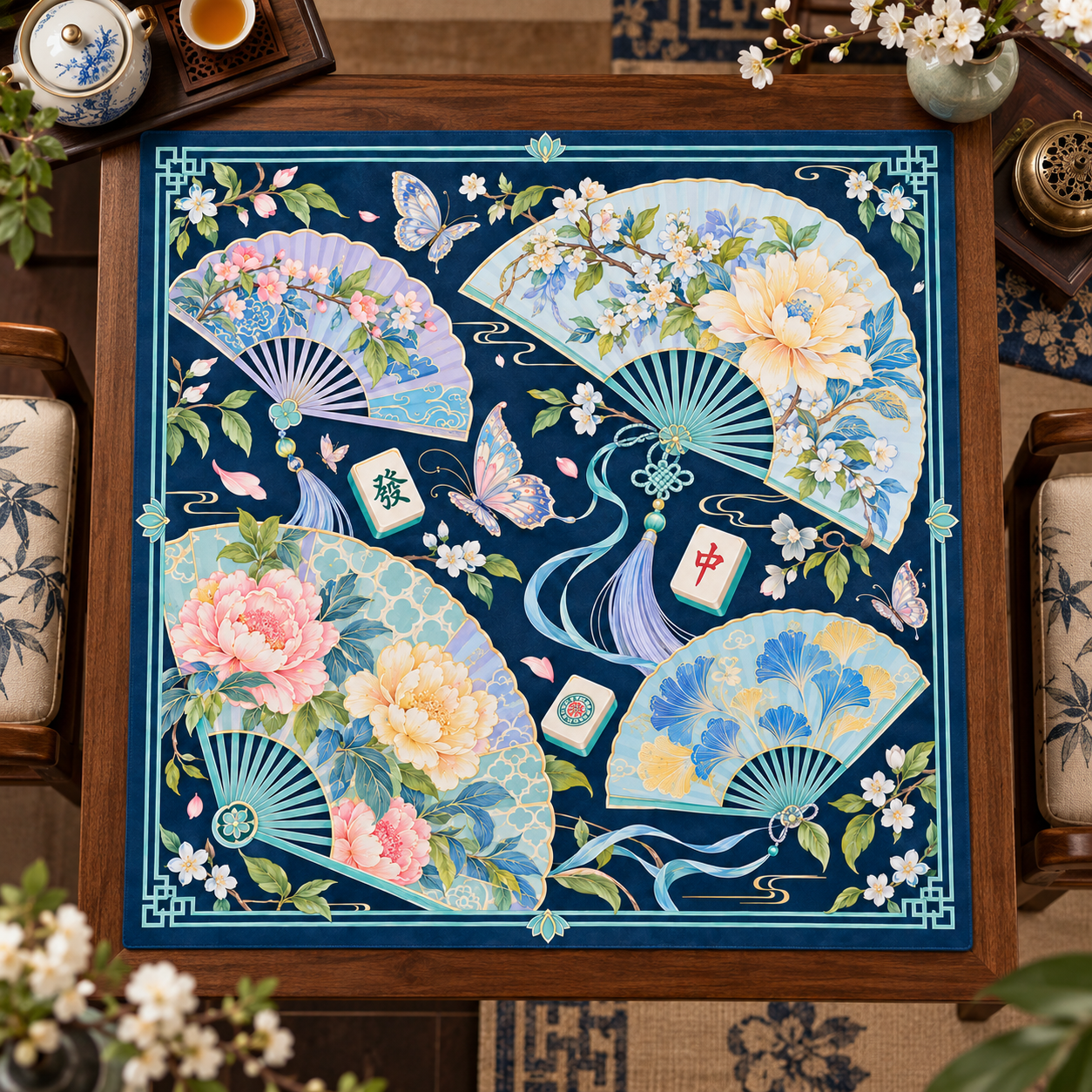 New Chinese Style Floral Shadow Folding Fan Mahjong Mat
