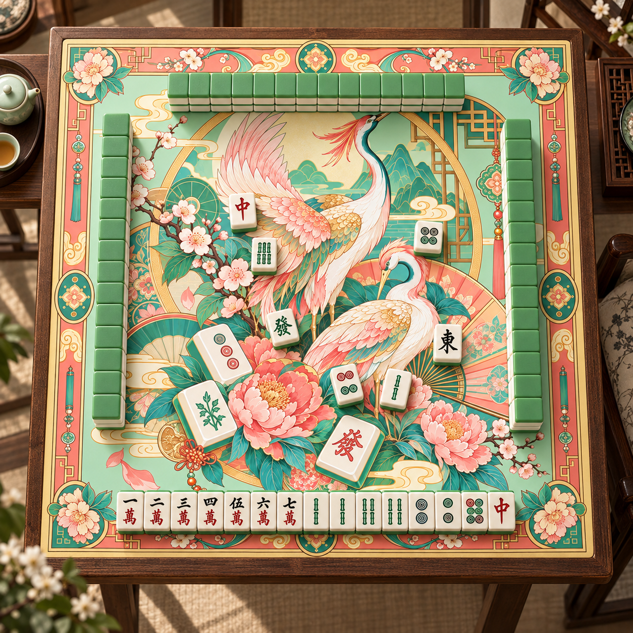 Traditional Style Crane and Peony Mahjong Mat