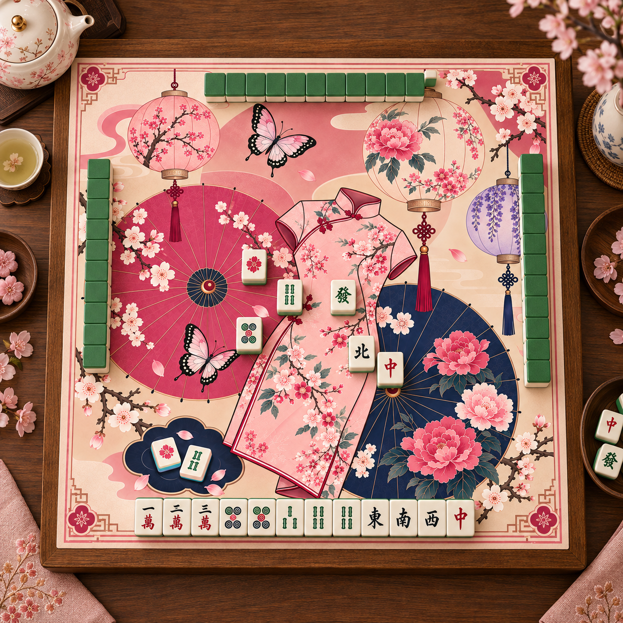 Cherry Blossom & Japanese Style Qipao Mahjong Mat