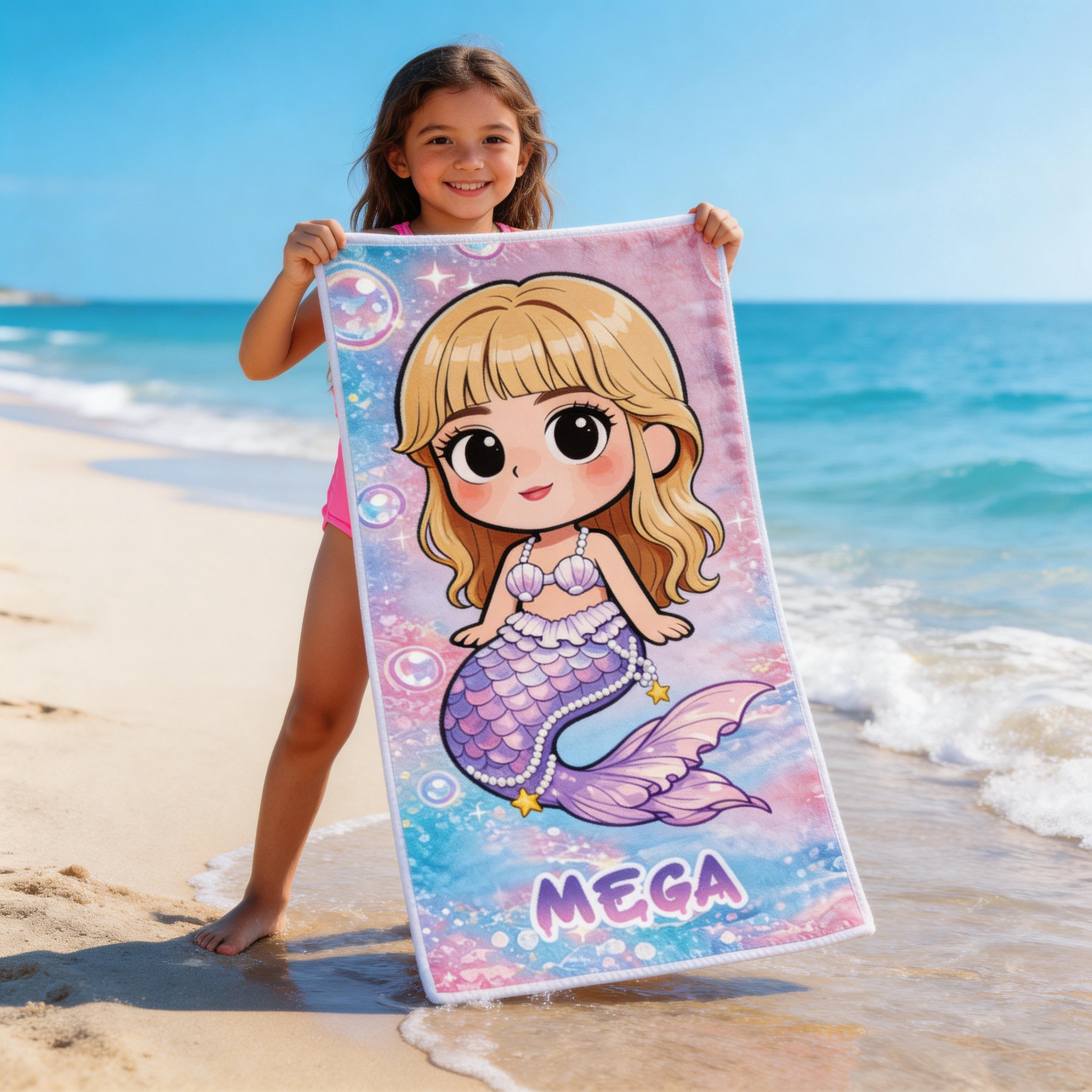 Personalized Cute Mermaid Cartoon Towel Custom Photo Kids Gift for Summer Swimming Pool Fun Beach Towel