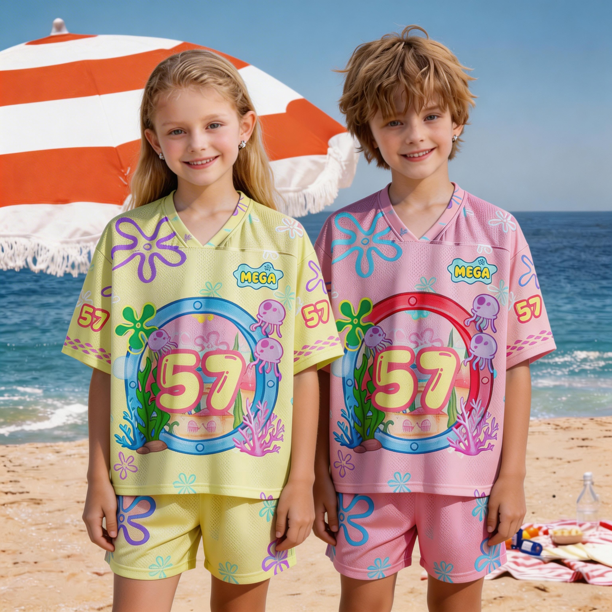 Personalized Kids and Aldult Summer Beach Outfit Set Cute Cartoon Ocean Theme Number Sports Jersey Top