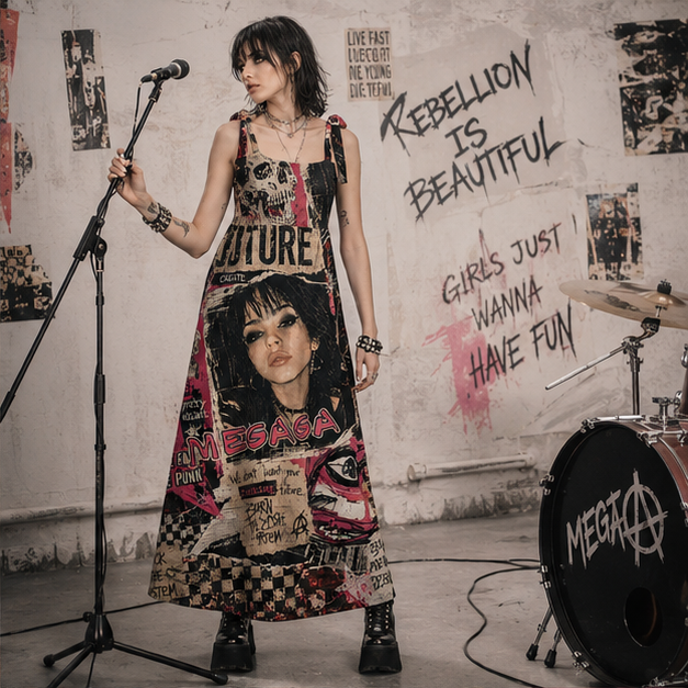 Personalized Grunge Punk Maxi Dress Collage Print Custom Photo and Name Bow Strap Rock Graphic Flowy Dress
