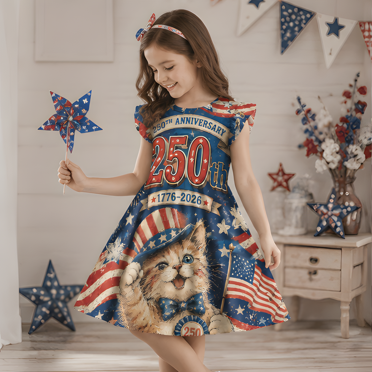 Personalized USA 250th Anniversary Eagle Flag Stars Vintage Patriotic Celebration Independence Day Coquette Ruffle Dress