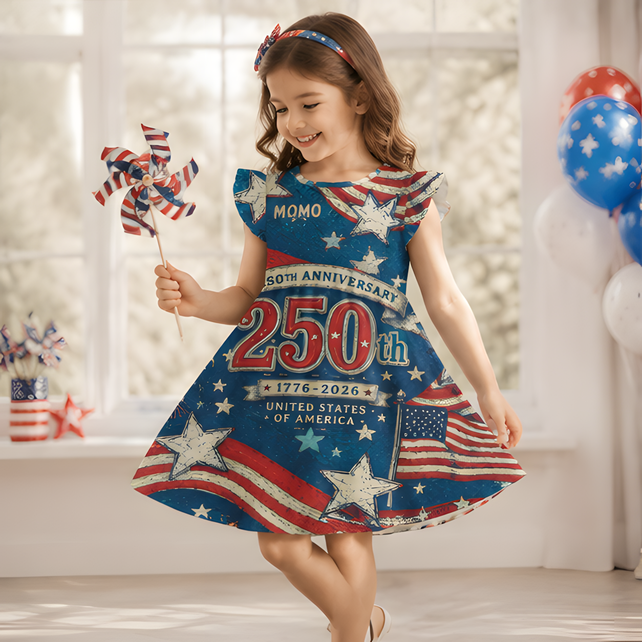 Personalized America 250 Years Bold Number Stars Stripes Fireworks Vintage Patriotic Independence Day Coquette Ruffle Dress