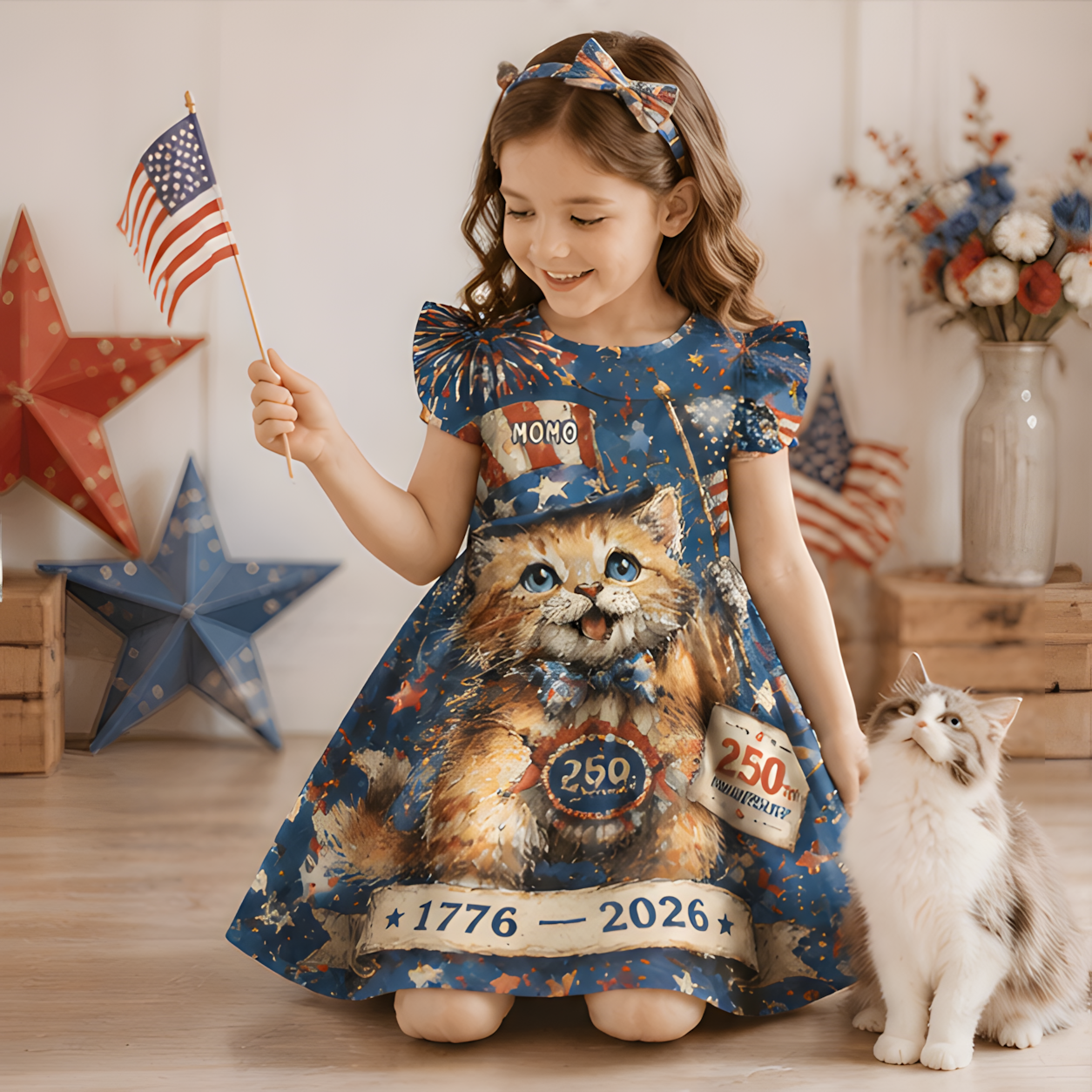 Personalized Custom Pet Photo America 250 Years Cat Dog Lover Patriotic 1776 2026 Independence Day Coquette Ruffle Dress