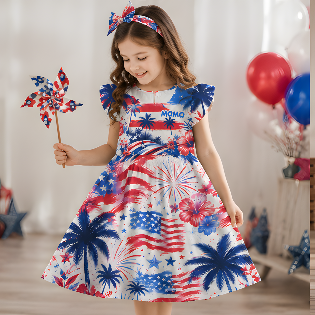 Personalized Red White And Blue Fireworks Stars Stripes Tie Dye Patriotic Fourth Of July Independence Coquette Ruffle Dress