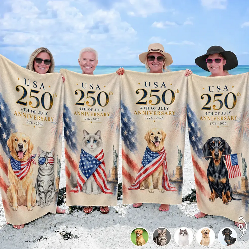 Personalized Beach Towel Custom Photo Watercolor With US Accessories 250th Anniversary Forth Of July 