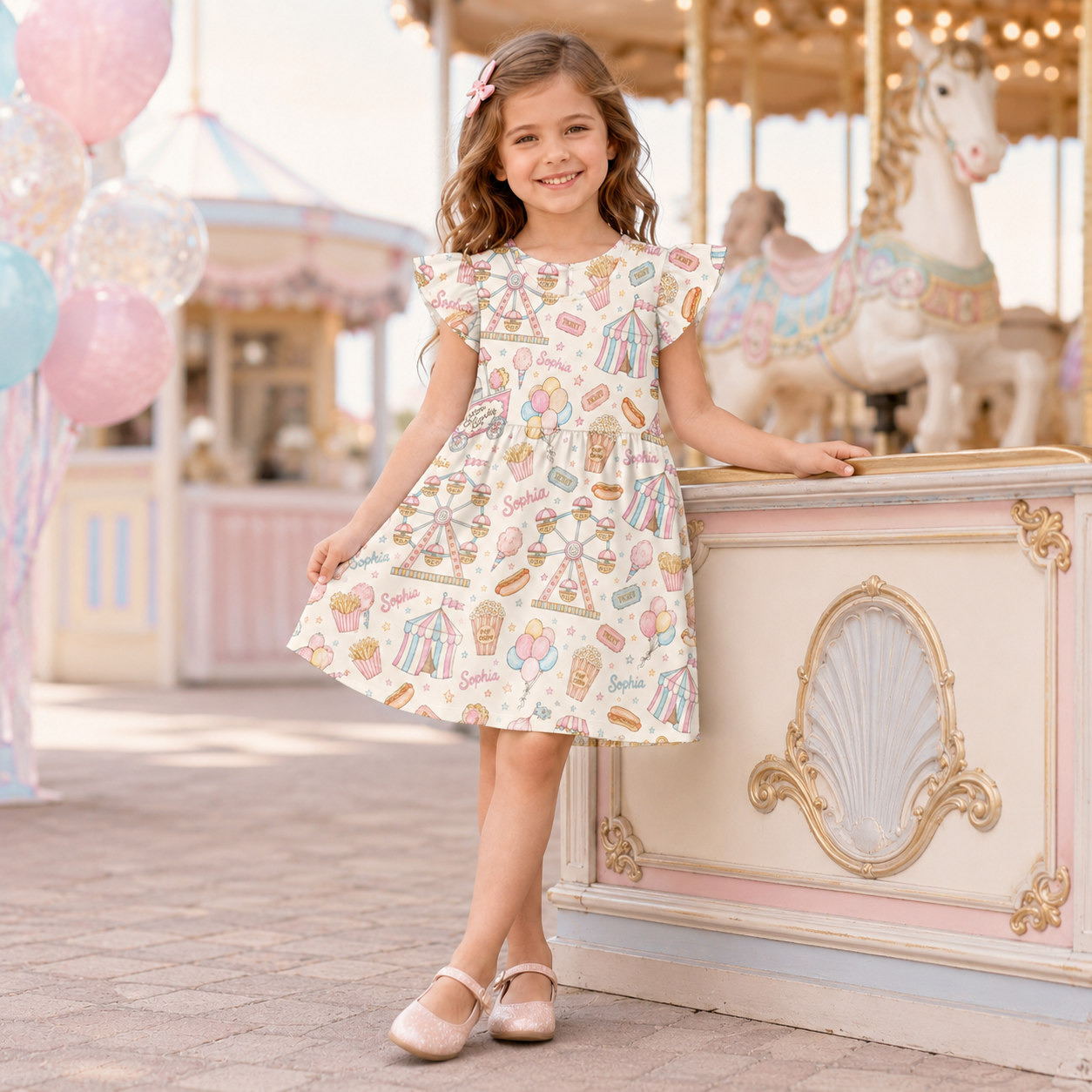 Personalized Pastel Carousel Horses Balloons Bows Fairytale Princess Theme Birthday Party Twirl Coquette Ruffle Dress