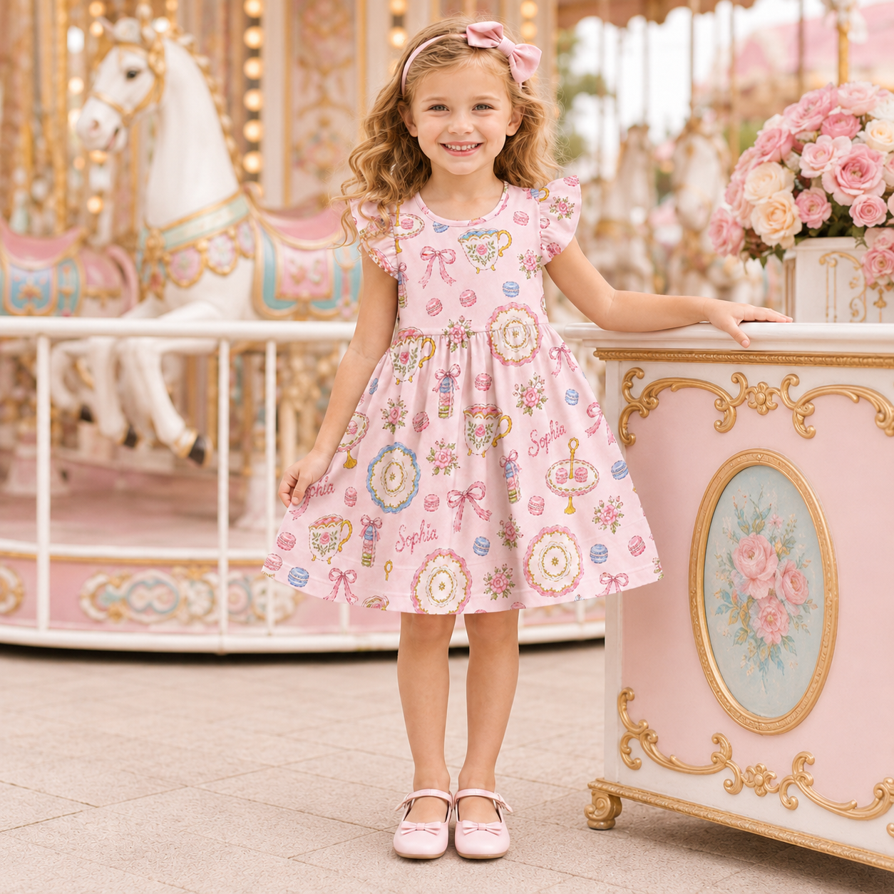 Personalized Princess Tea Party Teapots Cupcakes Crowns Castles Pink Pastel Fairytale Birthday Twirl Coquette Ruffle Dress