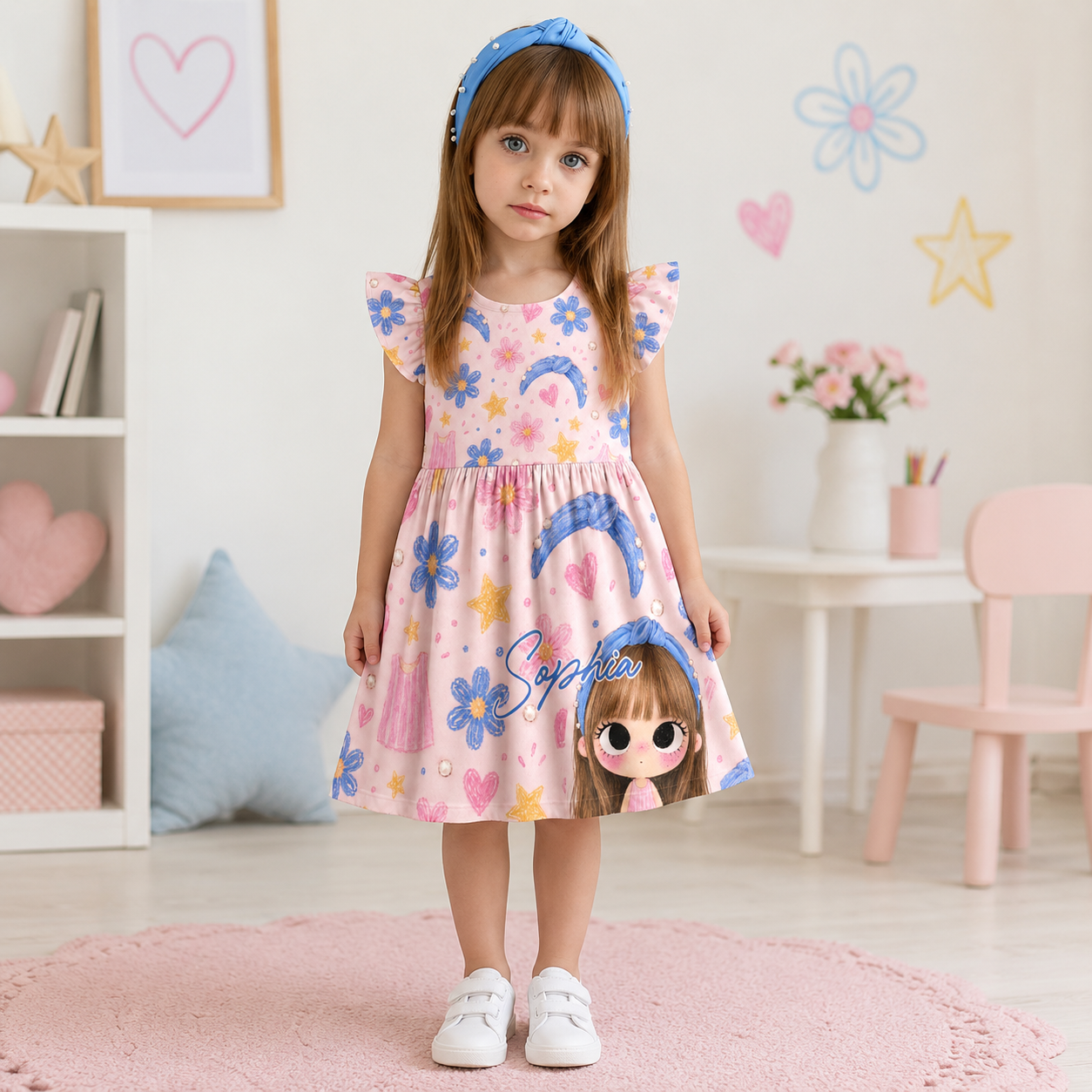 Personalized Custom Photo Cartoon Portrait Stars Hearts Rainbow Pastel Birthday Party Twirl Coquette Ruffle Dress