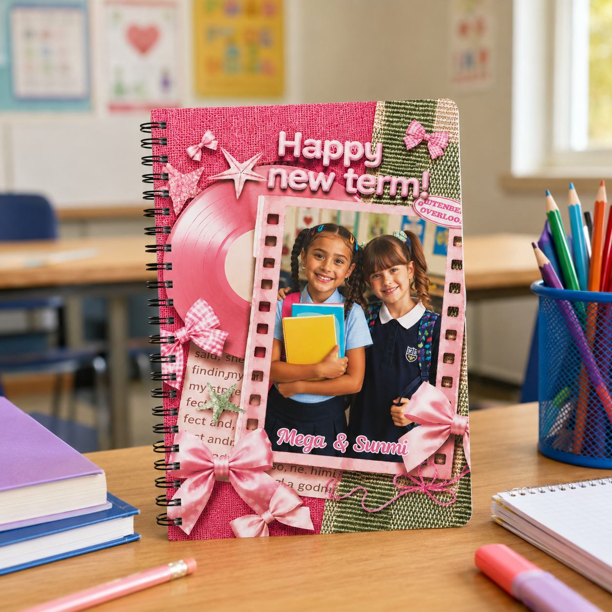 Personalized Photo Collage Pink Confetti Celebration Memory Journal Gift For Girls Spiral Notebook