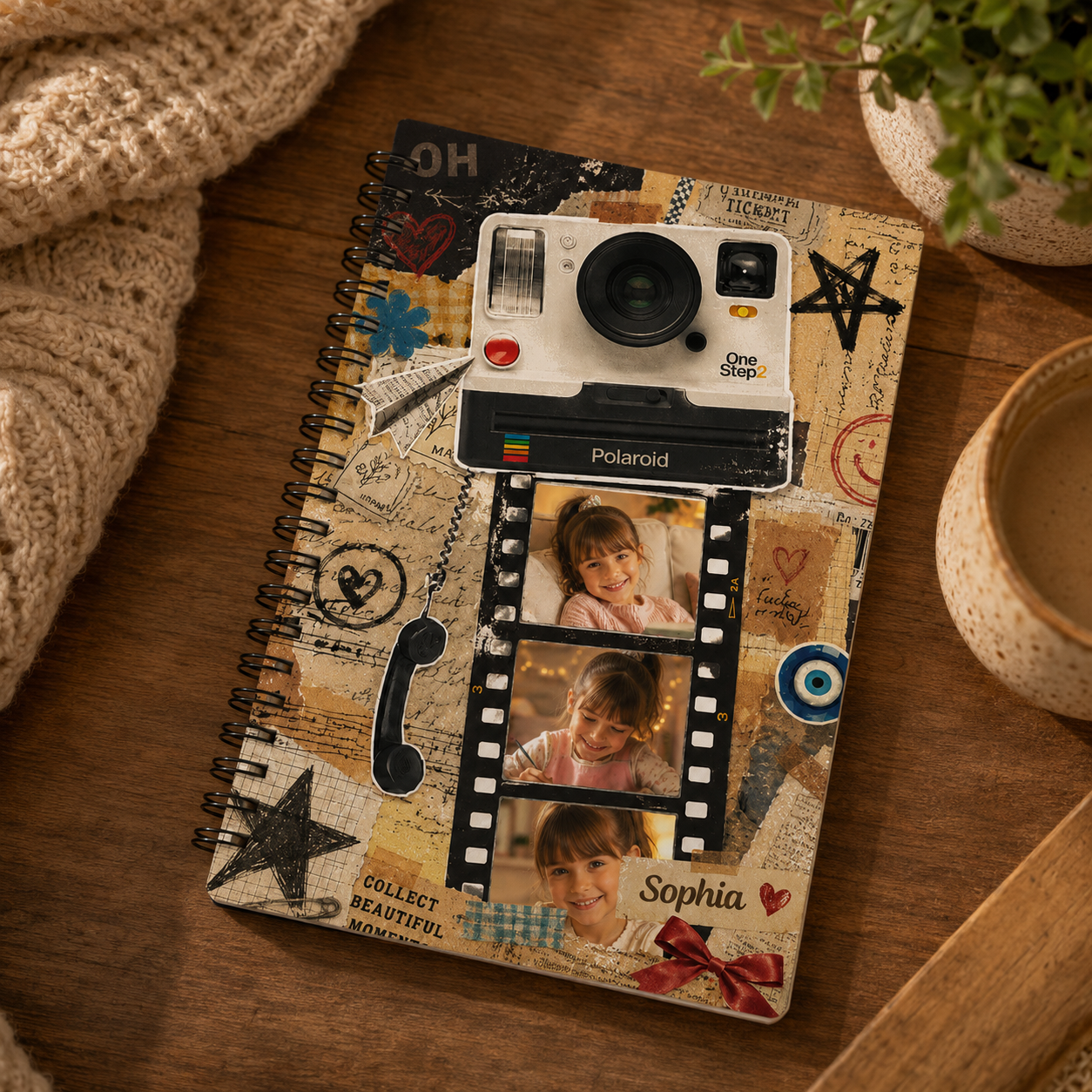 Personalized Retro Camera Film Strip Scrapbook Style Custom Photo Collage Vintage Travel Memory Journal Gift Spiral Notebook