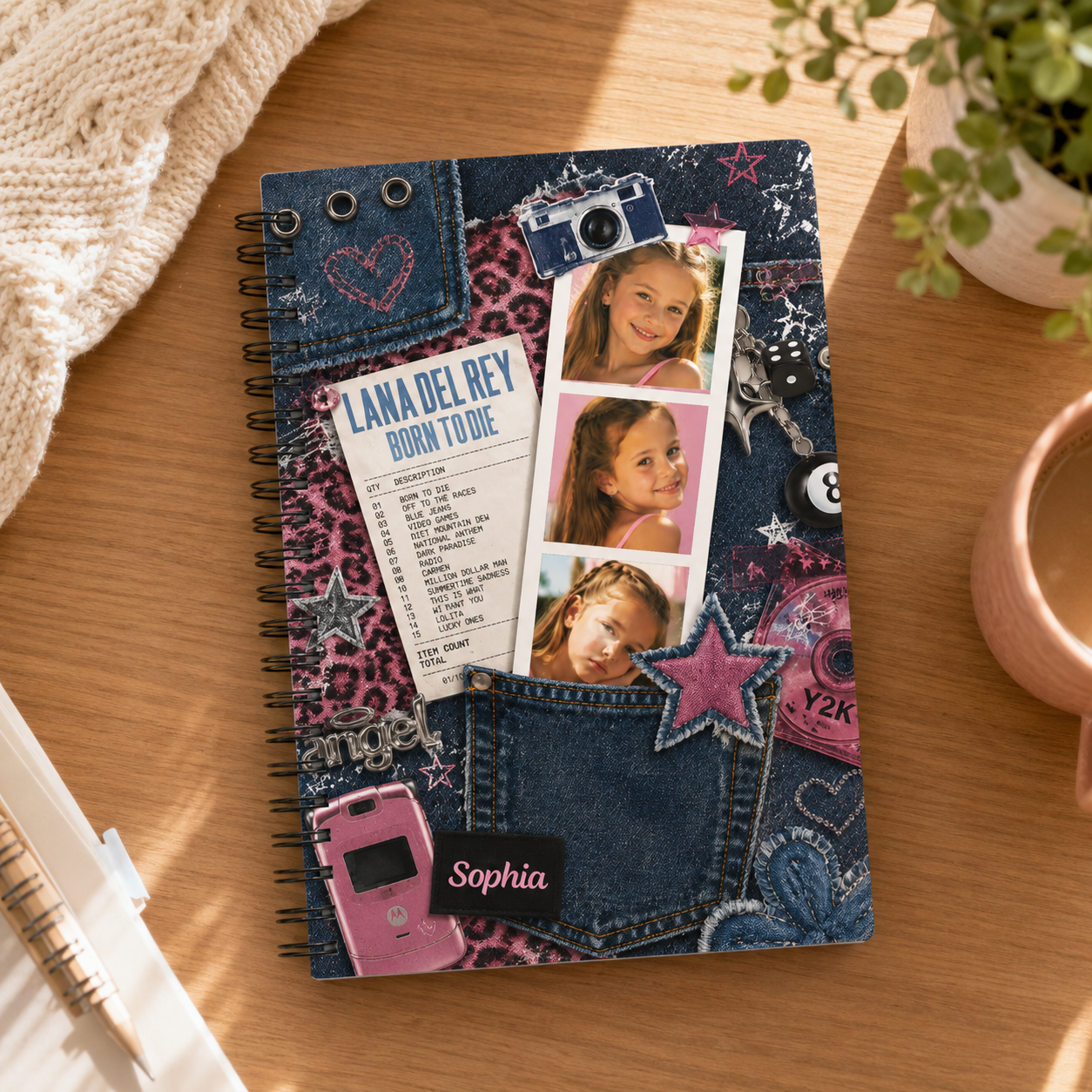 Personalized Teen Girl Photo Collage Graffiti Style Denim Stars Music Lover School Memory Journal Spiral Notebook