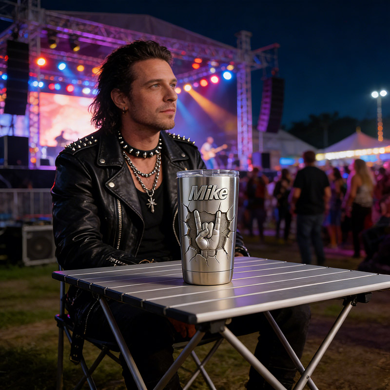 Personalized Rock Gesture Stainless Steel Tumbler Custom Name Gift for Guitarist Drummer Bassist Band Members Music Lovers for Performances Birthdays Holiday Parties