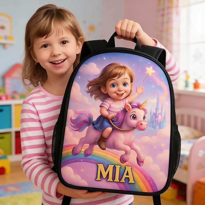 Personalized Magic Rainbow Girl Cartoon-Themed Schoolbag Custom Photo and Name for Kids Magic Lovers Birthday Black to School Christmas Gift