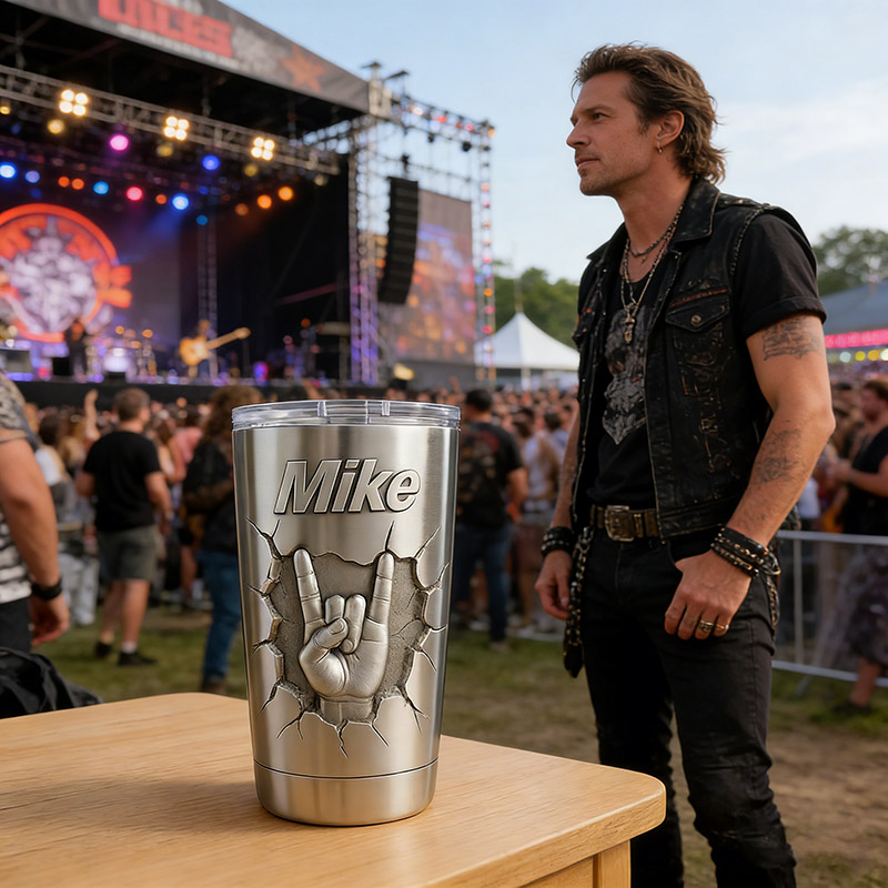 Personalized Rock Gesture Stainless Steel Tumbler Custom Name Gift for Guitarist Drummer Bassist Band Members Music Lovers for Performances Birthdays Holiday Parties
