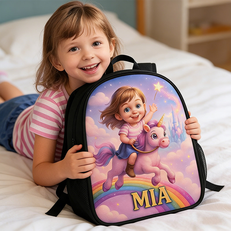 Personalized Magic Rainbow Girl Cartoon-Themed Schoolbag Custom Photo and Name for Kids Magic Lovers Birthday Black to School Christmas Gift