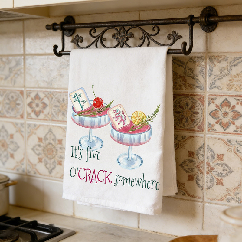 Personalized Mahjong It's Five O'Crack Somewhere Tea Towel Custom Text for Mahjong Lovers for Her