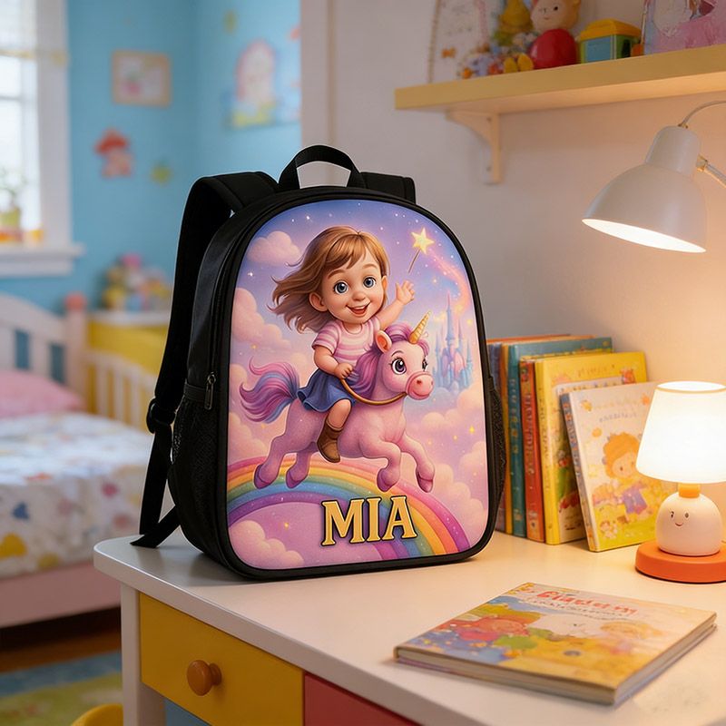 Personalized Magic Rainbow Girl Cartoon-Themed Schoolbag Custom Photo and Name for Kids Magic Lovers Birthday Black to School Christmas Gift