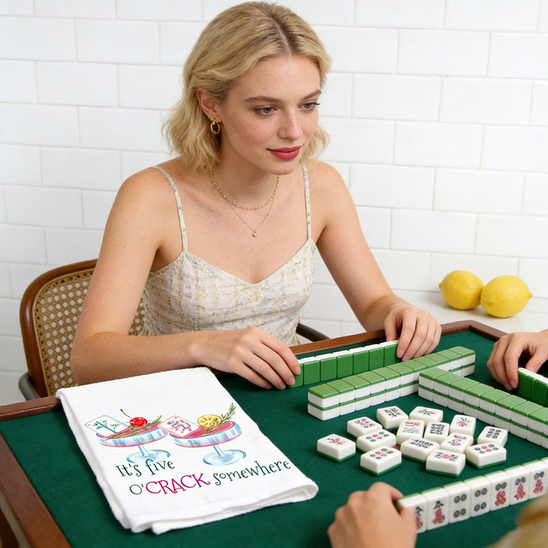 Personalized Mahjong It's Five O'Crack Somewhere Tea Towel Custom Text for Mahjong Lovers for Her