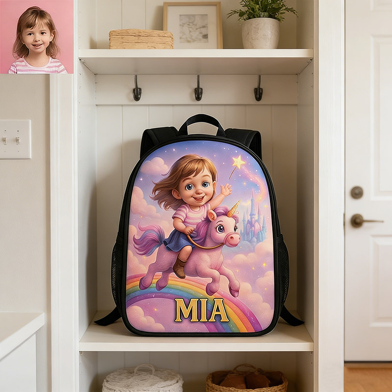 Personalized Magic Rainbow Girl Cartoon-Themed Schoolbag Custom Photo and Name for Kids Magic Lovers Birthday Black to School Christmas Gift